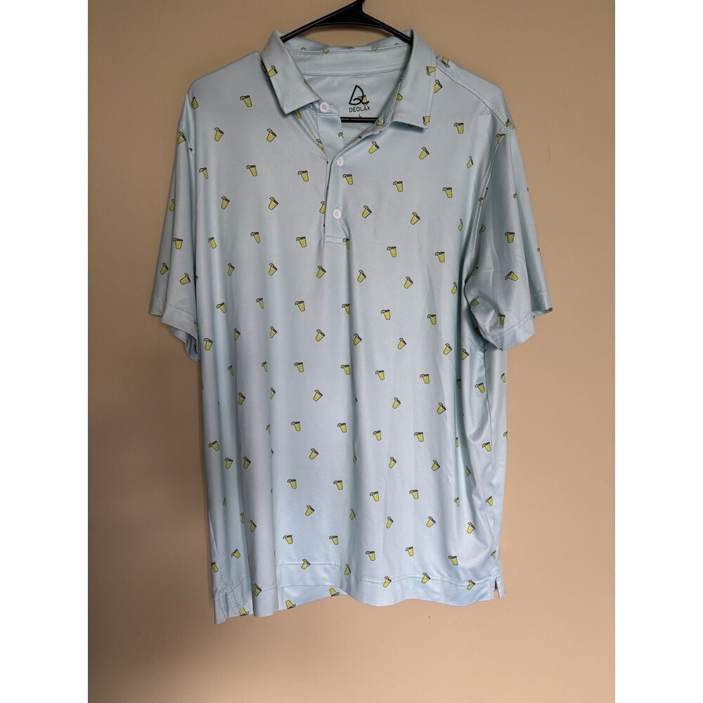2 Deolax Polo Shirt Mens Large Cocktail Print Blue Golf Performance Stretch - Picture 3 of 16